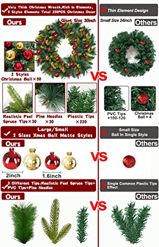 [ Super Large Thick & Timer ] 30 Inch 80 Lights Pre-Lit Artificial Christmas Wreath Decoration Realistic Feel For Front Door Battery Operated 50 Ball 280 Branch Double Frame Christmas Indoor Outdoor #TOP2