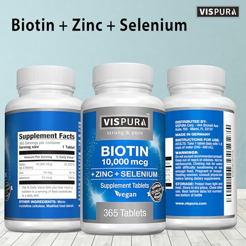 Biotin 10000 mcg + Zinc + Selenium, Pure, Vegan & Extra Strong, Best Supplement for Hair Growth, Glowing Skin, Strong Nails*, 365 Tablets for 12 Months, Natural Without Additives