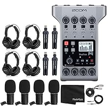 THIS TOP VALUE KIT INCLUDES: Zoom PodTrak P4 Portable Multitrack Podcast Recorder - 4x Zoom M-1 Podcast Mic - 4x Zoom Headphones - 4x Windscreen - XLR Cables - 4x Tabletop Stand - Photo4Less Black Cleaning Cloth Headphone Mixes: The PodTrak P4 can pr...
