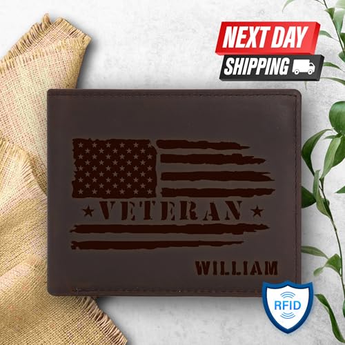 Engraved American Flag Leather Wallet Personalized Veteran Gift for Men Perfect for Valentine’s Father’s Day Christmas, Military Graduation & Patriotic Celebrations.4