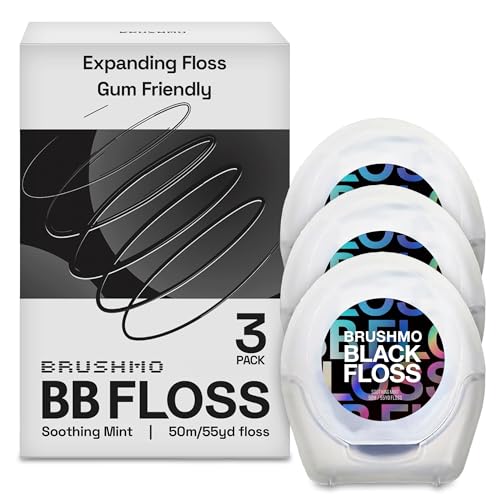 Brushmo Black Floss (BB Floss) - Expanding Gum-Friendly Soothing Mint Dental Floss, Natural Wax Helps Remove Plaque from Teeth, US-Dentist Designed PTFE & PFAS Free Oral Care, 3 Spools, 165 yd, Vegan -  BBFLOSS-3pk