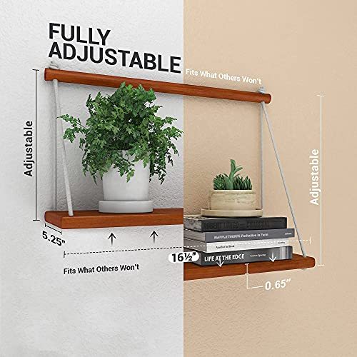 HELYA DESIGN Hanging Bookshelf for Wall Set of 2 | Stunning Solid Pine Hanging Book Shelves for Wall. 40LB Max | Macrame Rope Floating Bookshelves for Nautical Decor | Varnished Hanging Book Shelf - Image 4