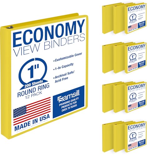 Samsill 1 Inch 3 Ring Binders Economy Round Ring Clear View Cover 200 Sheet Capacity - for School Home Office - Yellow 12 Pack