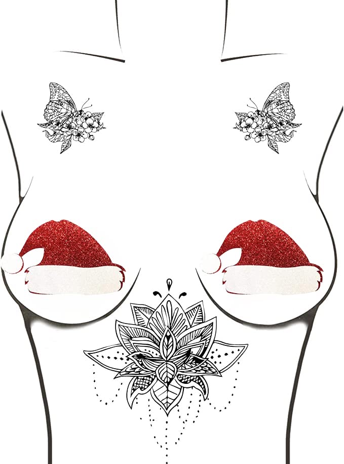 Neva Nude Iridescent Crystal Beamz Nipztix Pasties Nipple Covers for Festivals, Raves, Lingerie and More, Made in USA: Santas Hat