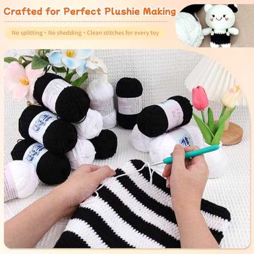 Image of Skinny Chenille Yarn Pack - 12 Skeins (6 White + 6 Black, 1.76oz /50g Each, Total 1,896yd) - Fine Weight Matte Chenille Yarn for Crocheting - Soft CYC#2 for Baby Iteams, Plush Toys & Home Decor