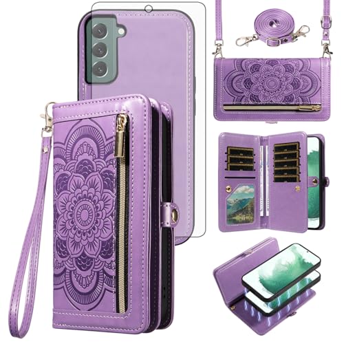 Coque Samsung S22+ avec portefeuille amovible zippé et verre trempé