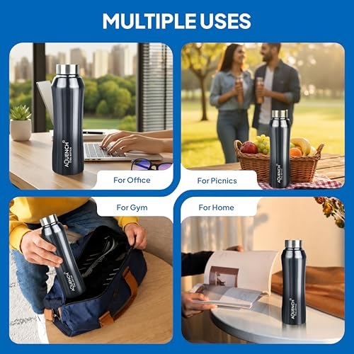 Image of Stainless Steel Water Bottle 1 Litre Bottles for Kids Girls Boys School Adults Office Gym(Black Grey Colour, Steel Cap, Set of 1, 1000 Ml)
