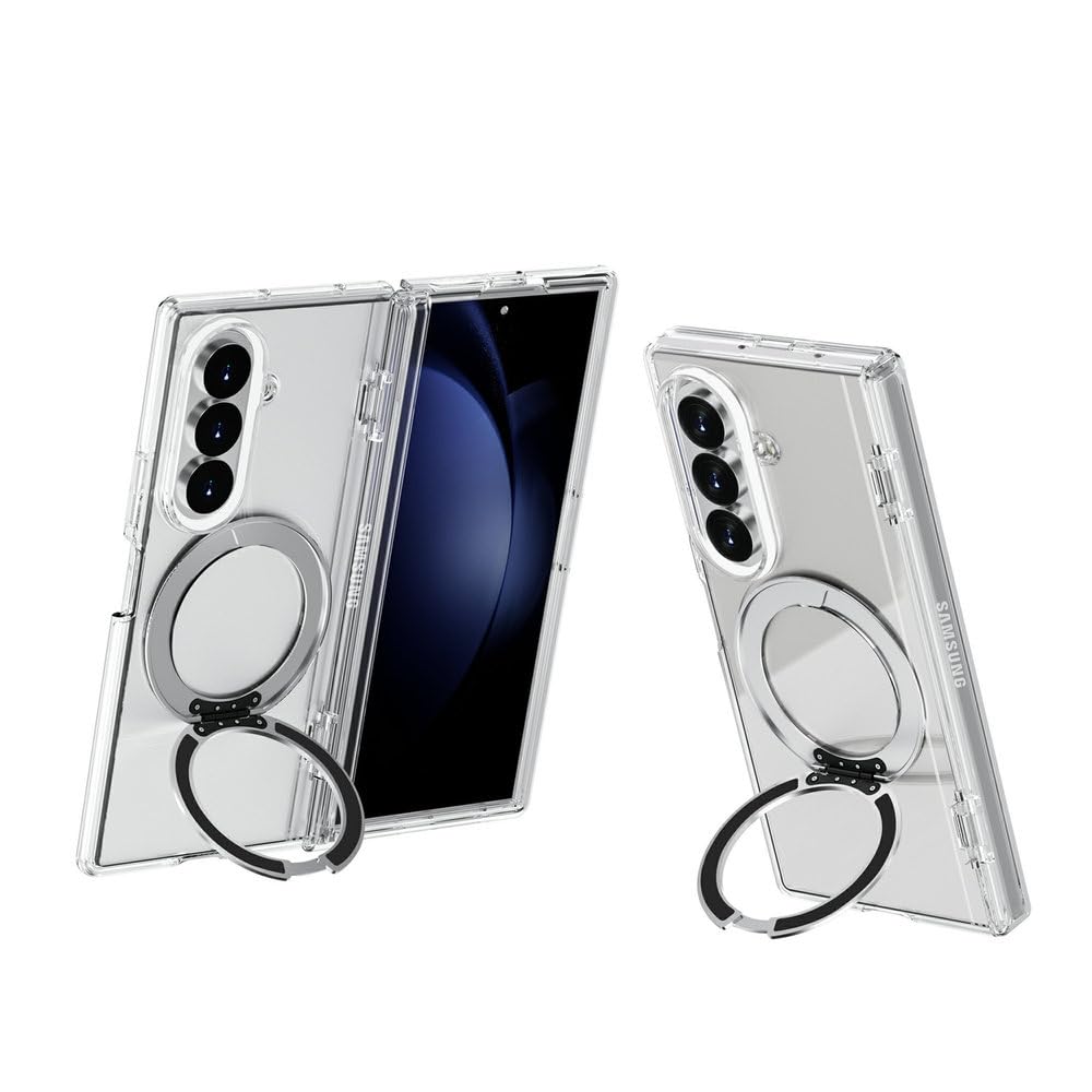 Custodia per telefono antiurto con supporto magnetico girevole a 360° per Samsung Galaxy Z Fold 8 Ultra, con ricarica wireless, colore bianco trasparente.