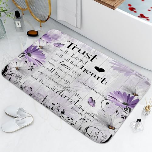 YDIDIAN Bible Verse Inspirational Quote Bath Mat, Purple Floral Daisy Trust in The Lord Bath Rug for Bathroom, Rustic Farmhouse Butterfly Kitchen Bath Mat Soft Non Slip Bath Rugs 17X29IN