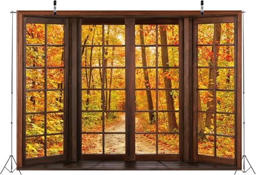 Toile de fond fenêtre en bois d'automne tissu mat