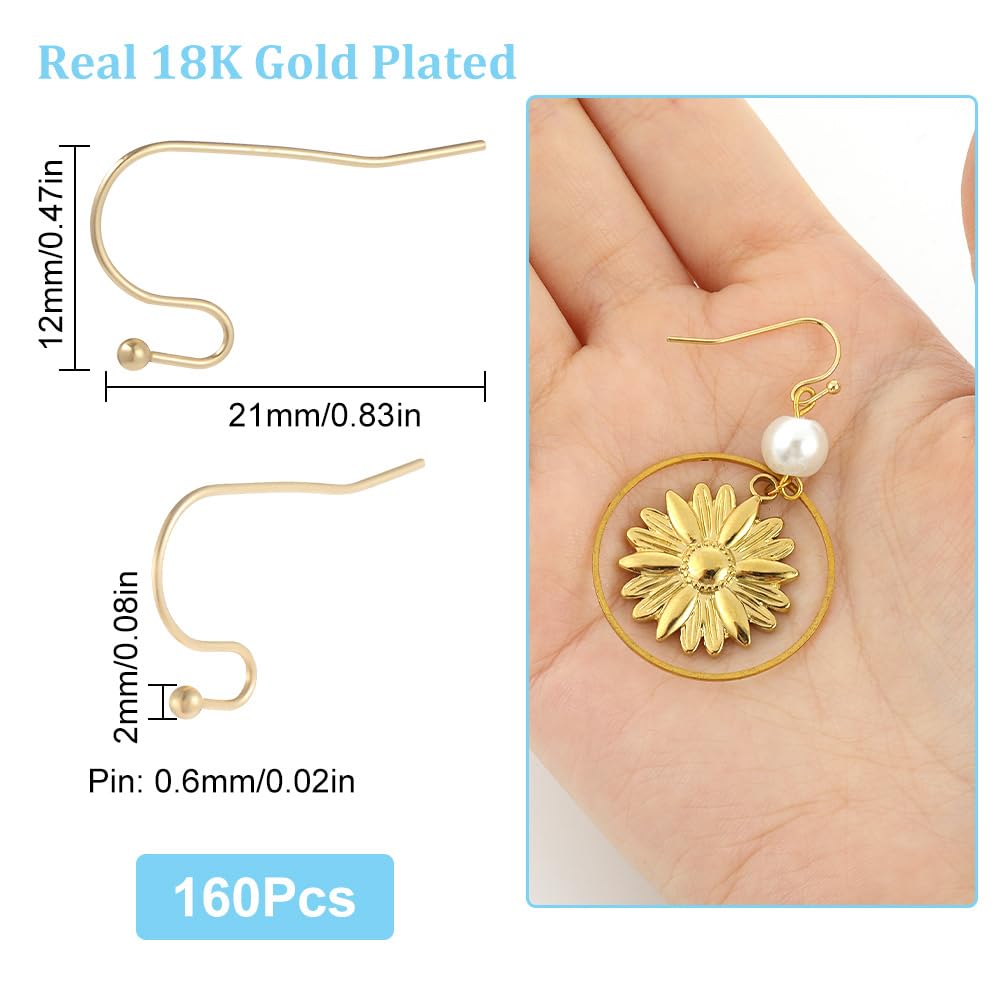 SUNNYCLUE 1 Box 160Pcs 18K Gold Plated Earring Findings French Earring Hooks Fish Hook Earring Wires Ear Wires French Hook Earrings for Jewellery Making Accessories DIY Dangle Earrings Handmade Craft - Image 2