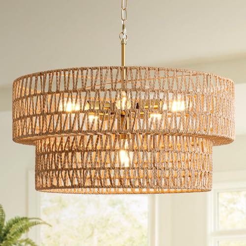 23.6' Boho Rattan Chandelier, 6-Light Large Rattan Pendant Light with 2-Tier Wicker Shade, Bohemian...