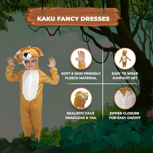 Image of Kaku Fancy Dresses Lion Wild Animal Costume For Kids - Brown, 3-4 Years | Animal Fancy Dress For Boys & Girls
