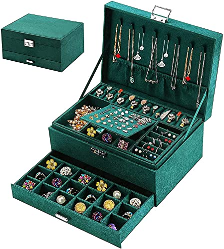 MIXEN Jewelry Box Makeup Cosmetic Case, Jewelry Organizer for Women 3-Layer Jewelry Box Organize Jewelry Box with Lock Jewelry Holder, Green-Premium [Makeup Organizer]