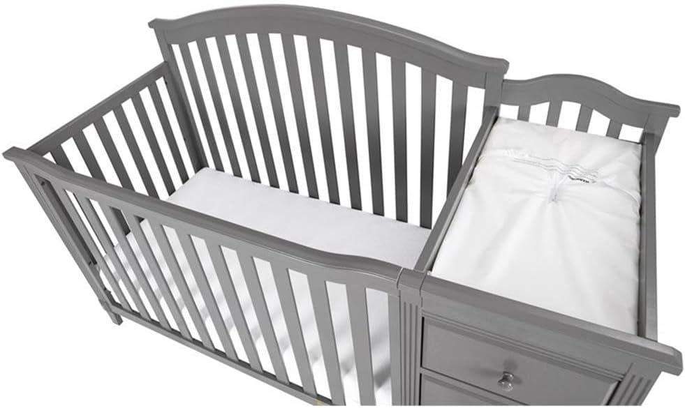 Pemberly Row Wood 4-in-1 Convertible Crib and Changer, Gray Finish, Pine Wood, 46" H x 30" W x 73" D, Includes Changing Pad, 3 Drawers and Shelves, Converts to Toddler Bed, Daybed, Full-Size Bed