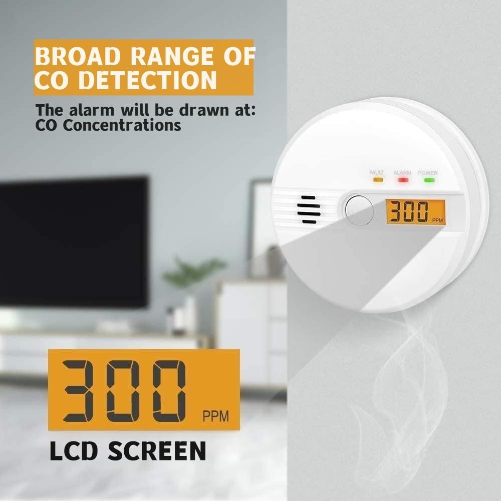 Carbon Monoxide Alarm,Carbon Monoxide Detector,with LCD Display,85 dB Alarm & Sensor,Test Button,Battery Operation,Flexible Installation,Convenient Installation,for Home,for Workplace