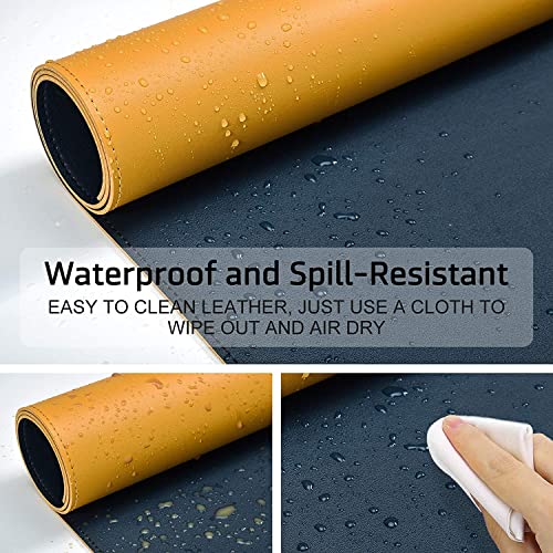 Image of AROPANA Vegan Leather Desk Mat | Large Reversible Mouse Pad & Computer Table Protector | Dual-Side Waterproof Extended Laptop Pad with Edge-Stitched Design (60x35CM, Navy Blue and Yellow)