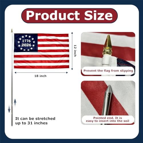 Flagolden 12x18 inch Small 1776-2026 American Flags on Stick 6 Pcs for 250th Anniversary, Mini Hand Held US USA Betsy Ross Flags with Retractable Stainless Steel Pole Stakes for Outside Yard 4th of July Decorations by Flagolden - Used condition - Image 2