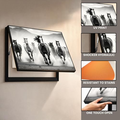 Image of Electric MCB Box Cover Frame With Hydraulic Decorative Painting White 7 Running Horse Painting Electrical Panel box Cover, Switch Box Frame Will Fit Max 10x14 inch Switch Board, Outer Size 13X17 Inch