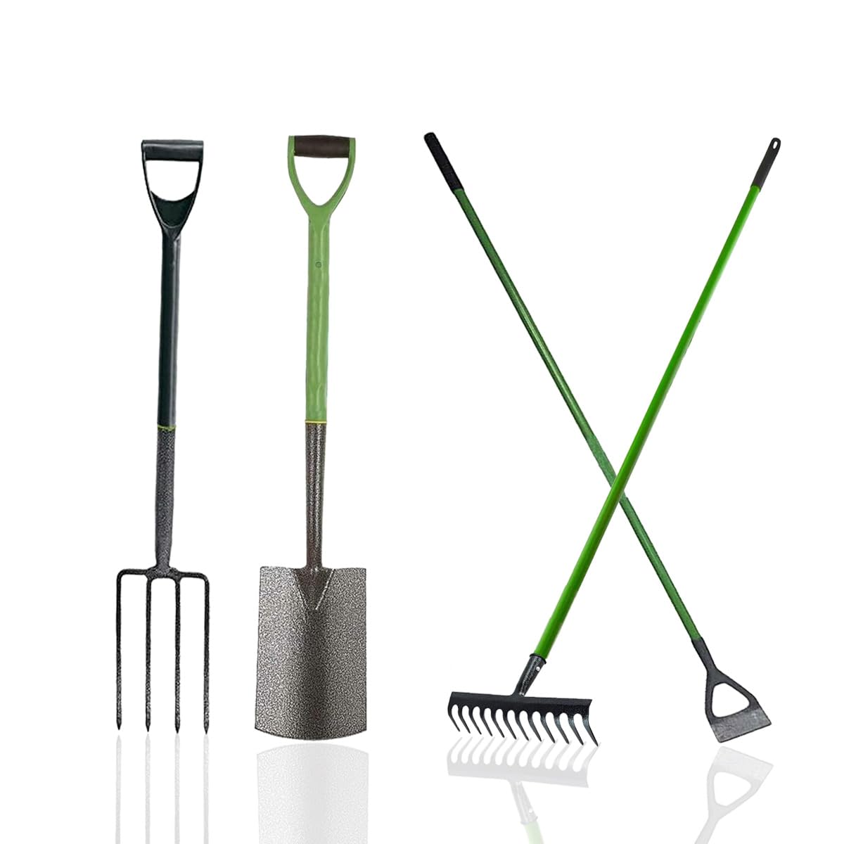 MEHRU Set of 4 Heavy Duty Garden Tools with Steel Handle, Carbon Steel Set of 4 Border Fork Border Spade Rake Dutch Hoe, Lawn Border Edger Edging Gardening Trimmer for Digging, Planting & Landscaping.