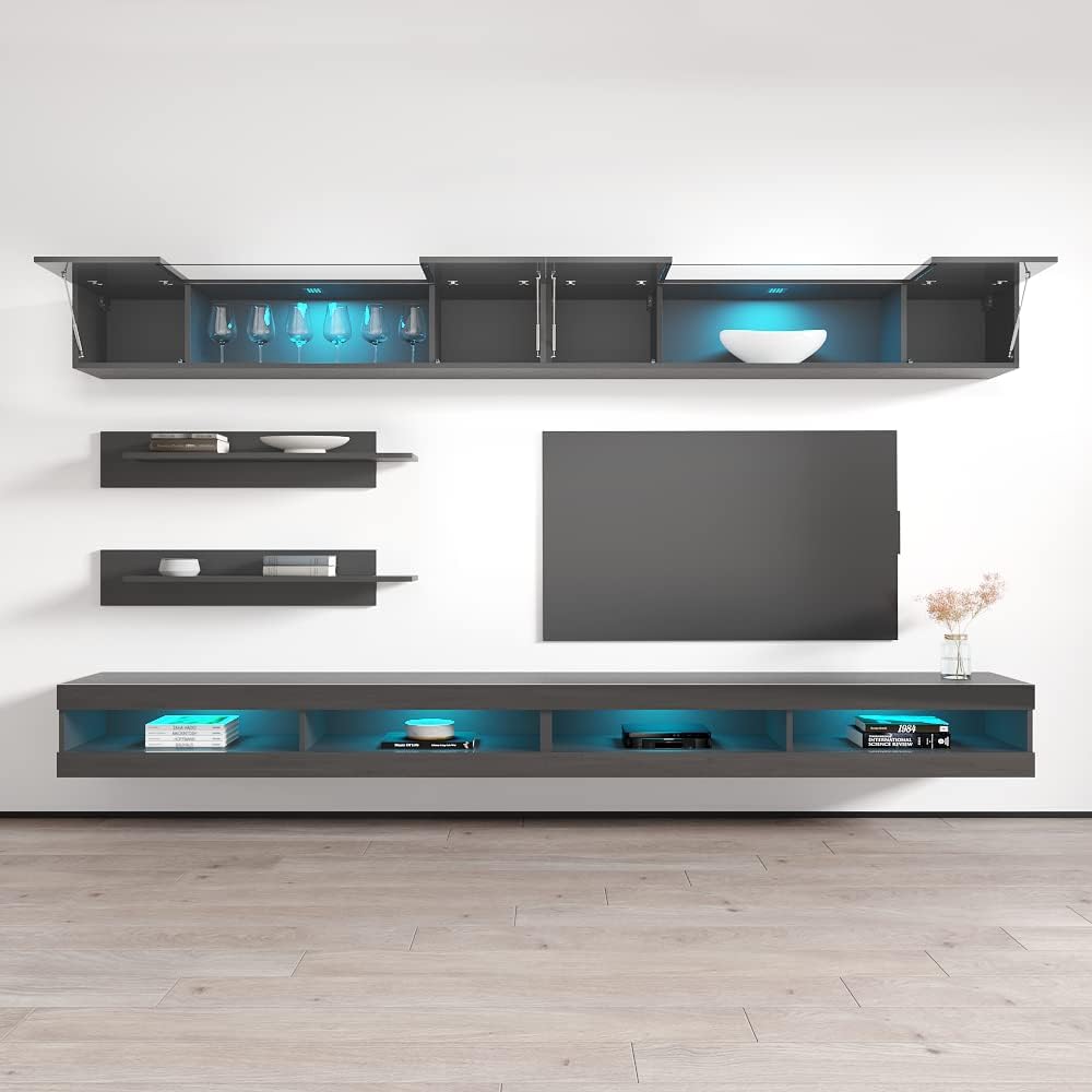Meble Furniture Fly I1 34TV Stand Wall-Mounted Entertainment Center — Floating Modern TV Console with Storage, Shelves, and LED Lights — Engineered Wood, 59.1 x 15.7 x 13.8 in — Grey