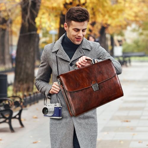 Banuce Vintage Italian Leather Briefcase for Men 15.6 Inch Laptop Lawyer Bag + Leather Long Bifold Wallet for Men Dark Brown2