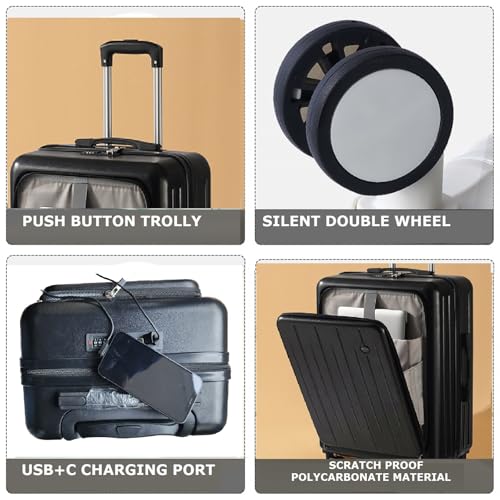 Image of Cabintrolley Bag Polycarbonate 20inch 55cms with 16inch Laptop and USB Port Compartment Small Size Suitcase for Flight Travel Suitable for Men, Women,Boys and Girls (Onyx Black)