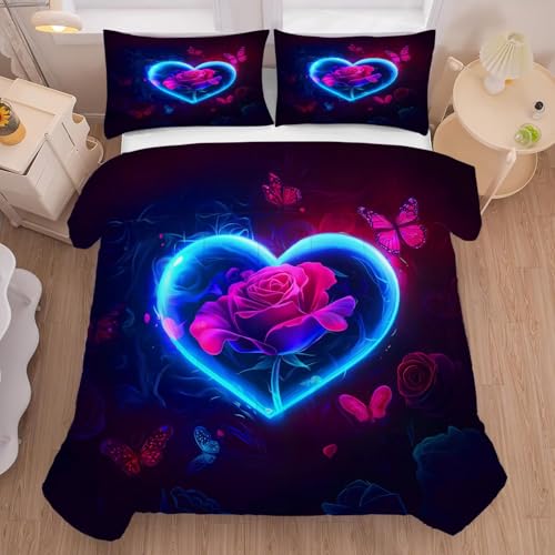 Rose Heart Comforter Set Twin Size Butterfly Bedding for Kids Women Couple Girls Love Couple Aesthetic Princess Bedroom Decor Quilt Bed Sets, 1 Comfor