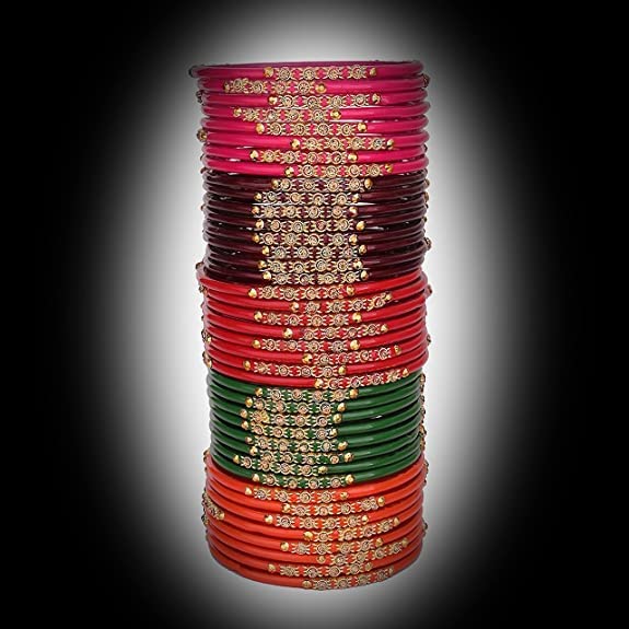 Image of NMII Glass with Zircon Gemstone and Beads Studded Bangle set for Women and Girls
