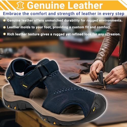 Image of Men's Sport Sandals Closed Toe Leather Hiking Athletic Walking Outdoor Beach Trail River Fishing Water Shoes Lightweight Comfortable Waterproof