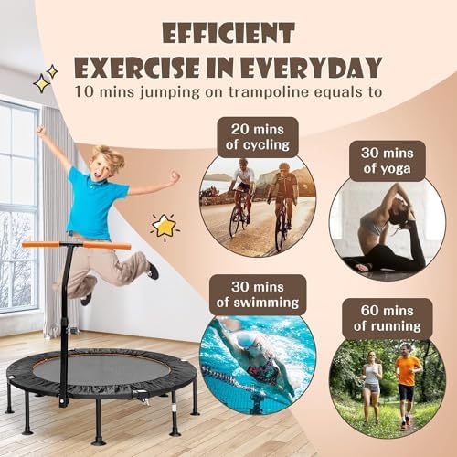 SPOTRAVEL 45" Mini Trampoline, Foldable Fitness Rebounder with Height Adjustable Handrail & Safety Pad, Indoor Exercise Bouncer for Kids Adults