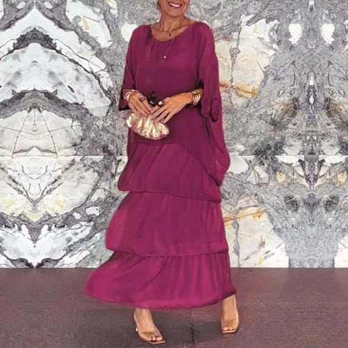 Women's Artistic Style Loose Dress, Boho Casual A-Line 3/4 Sleeve Solid Color Round Neck Flowy Multi-Layer Maxi Cake Dresses4