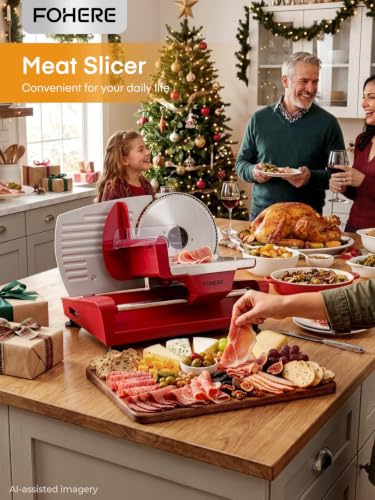 Image of FOHERE 250W Meat Slicer Machine for Home, Electric Food Slicer with Stainless Steel Tray & Three 7.5 inch Stainless Steel Blade, 0-15mm Precise Thickness Deli Meat Slicer for Bread Fruit Vegetable (Red)