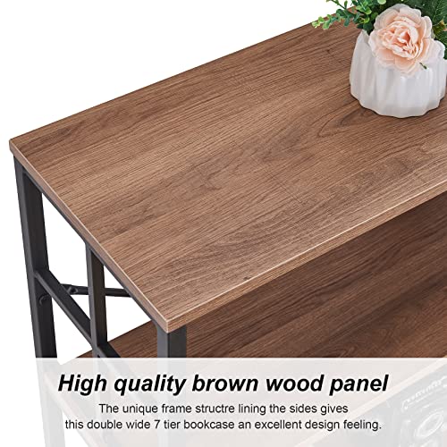 Homissue Double Wide 7-Tier Bookshelf,Industrial Bookcases With Metal Frame,Open Large Storage Bookshelves,Wood And Metal Tall Display Shelves For Living Room Office,Rustic Brown #TOP5