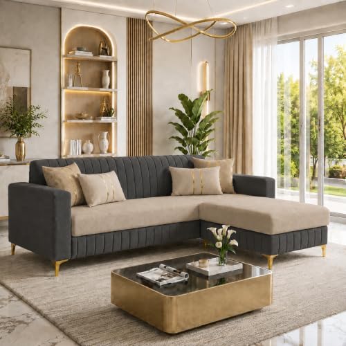Image of CASASTYLE Signature Noviq 4-Seater L-Shape Sofa Set with Movable Ottoman | Flexible LHS /RHS Layout | Boston Fabric & Plush Cushions | 40D Foam + Zigzag Spring | 3-Yr Warranty (Dark Grey-Beige)