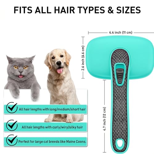 Self Cleaning Slicker Brush for Dog & Cats, Skin Friendly Deshedding Grooming Tool for Shedding Long and Short Haired Pets, Easy Clean Retractable Bristles, Green