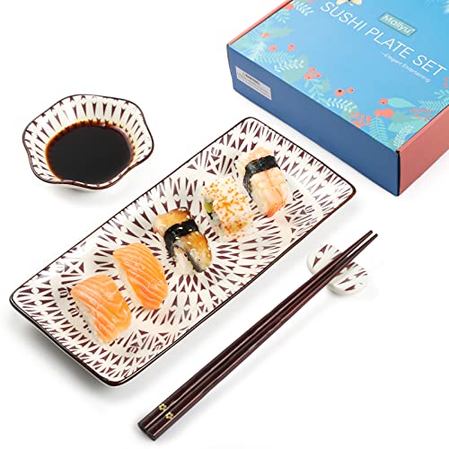 Mallyu Sushi Plates Set 8 Pcs, 10" Ceramic Sushi Dishes Serving Set, Dinnerware Sets W/ 2 Sushi Plates And Soy Sauce Bowls-2 Chopsticks And Holder, Wedding Housewarming Gift, Sun Flower #TOP1