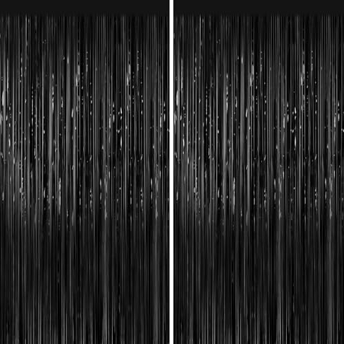 Black Foil Curtain Backdrop 2Pack Black Metallic Tinsel Fringe Curtains Photo Booth Props for Birthday Wedding Engagement Baby Shower Bachelorette Xmas Holiday Celebration Graduation Party Decorations
