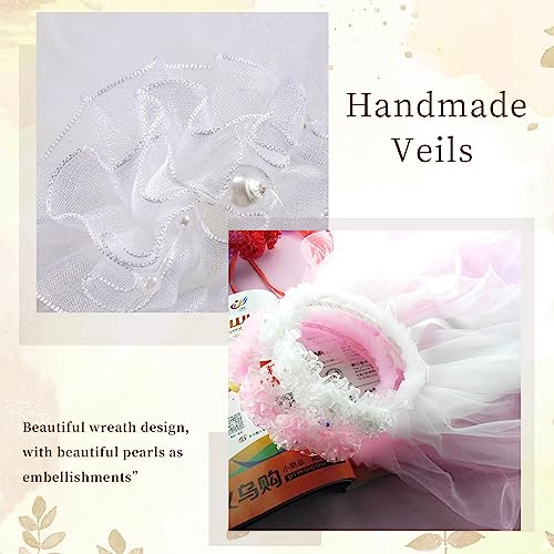 First Communion Veil for Girls, Head Wreath With Veil, Wedding Flower Pearl Veils, Chapel Veils for Party Stage Performance Role-playing White3