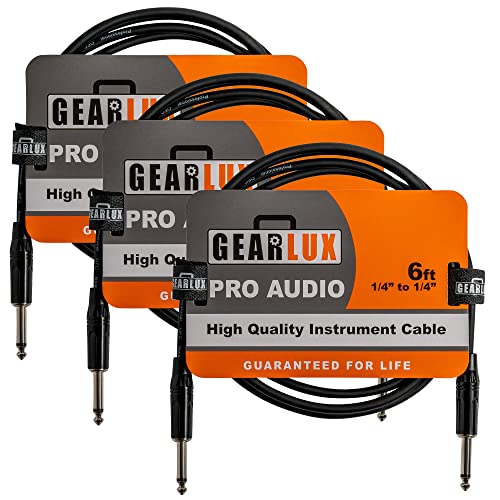 Gearlux Instrument Cable/Guitar Cable, 1/4 Inch, Straight to Straight, Black, 6 Feet - 3 Pack