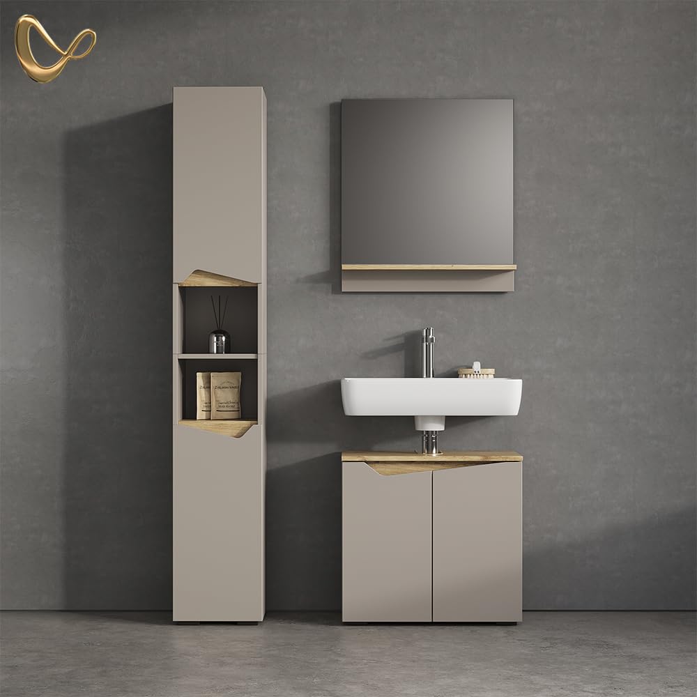 Livinity Armadio per il bagno Timavo, Grigio, 30 x 180 cm con porte e vani aperti