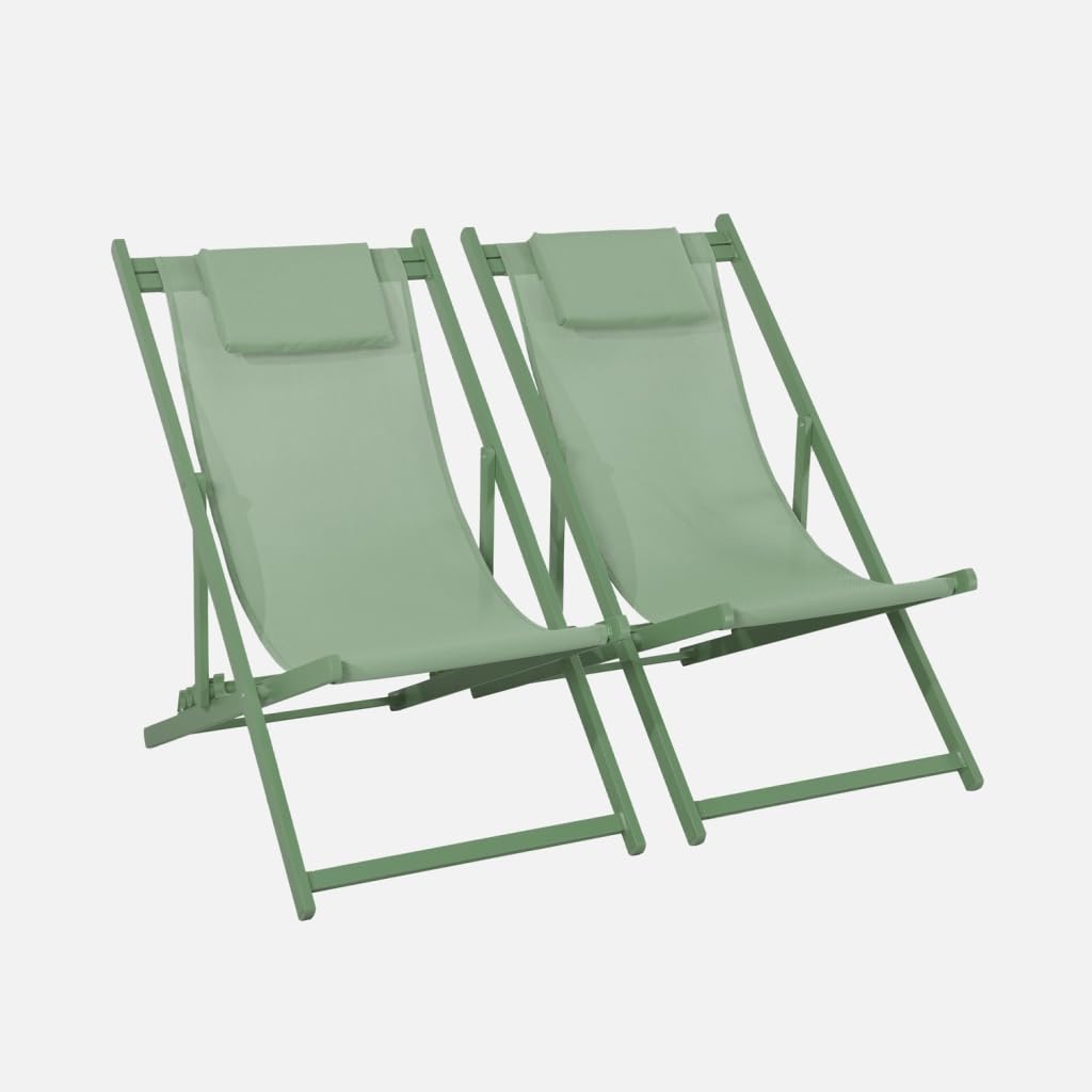 sweeek - Lot de 2 Bains de Soleil - Gaia Vert - Transat en Aluminium Gris Anthracite et textilene Vert avec Coussin Repose tête. chilienne