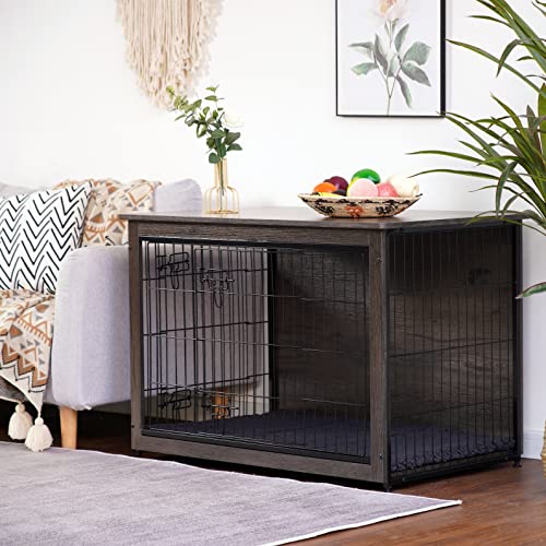Dwanton Dog Crate Furniture With Cushion, Large Wooden Dog Crate With Double Doors, Dog Furniture, Indoor Dog Kennel, End Table, 38.5 X 25.6 X 26.8 Inches, Dark Grey #TOP6