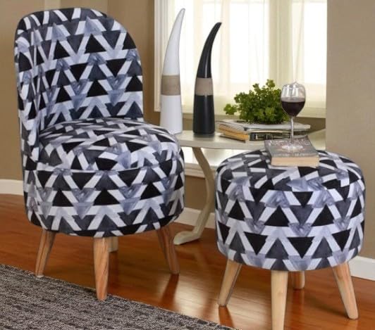 Image of Ottoman for Living Room, Velvet Round Foot Rest Stool, Wooden Legs Chair for Sitting, Ottoman for Bedroom & Makeup Room Decor | Chair (18 inchx18 inchx32 inch), Puffy (16 inchx16 inchx17 inch) | Black Triangle