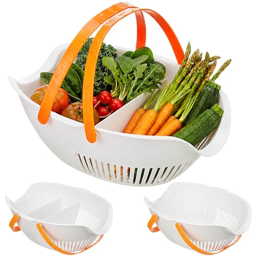 Nuogo 3 Pcs Garden Harvest Basket Removable Partitions with Tool Caddy for Collecting Carrying and Cleaning Harvesting Basket Doubles Colander for Vegetables and Fruits Garden Accessories(White)