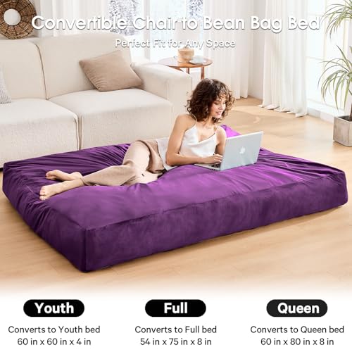 Bean Bag Chairs for Adults - Giant Bean Bag Chair Convertible Bean Bag Bed - Beanbag Chair with Micro Fiber Cover/Furniture Foam Filler - Floor Couch Sofa in Bedroom Dorm Room - Full Purple - Image 5