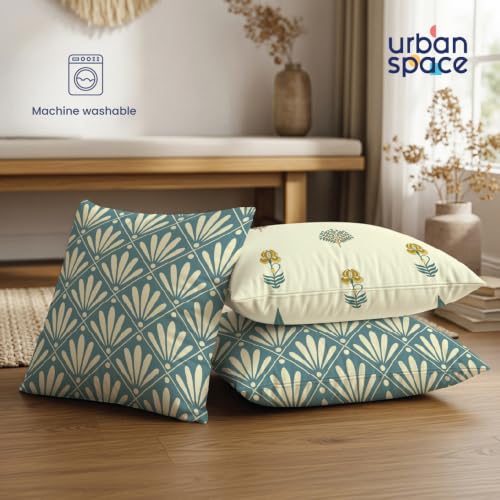 Image of Urban Space Decorative Cotton Cushion Cover Set of 3, 16 Inch X 16 Inch Cushion Covers for Sofa, Bedroom, Living Room (Amaya Dusty Blue and Orchard Dark Teal, Cushion Cover 40Cm X 40Cm, Set of 3)