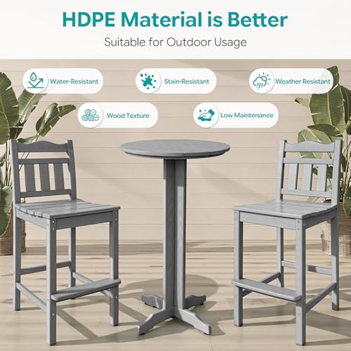 Image of Outdoor Bar Stools Set of 2, HDPE Tall Adirondack Bar Chairs 27.5 Inch Seat Height w /Backrest, All Weather Patio Bar Height Chairs for Bistro Balcony Deck Poolside (Slate Grey)