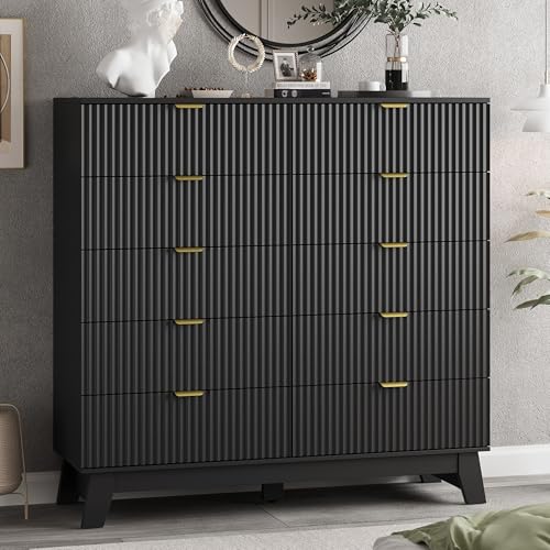 Image of Xixini Fluted Dresser for Bedroom with 10 Drawers, 48 inch Wide Modern Chest of Drawers with Metal Handle, Wooden Dresser TV Stand, Wood Closet Clothes Storage Organizer for Living Room, Hallway, Black