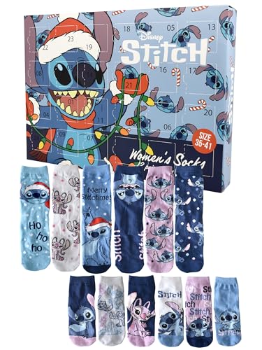 United Labels Disney Lilo & Stitch Calendario de Adviento con 12 pares de calcetines para mujer, tamaño 35-41, calendario con zapatillas y calcetines largos, calendario de Navidad regalo